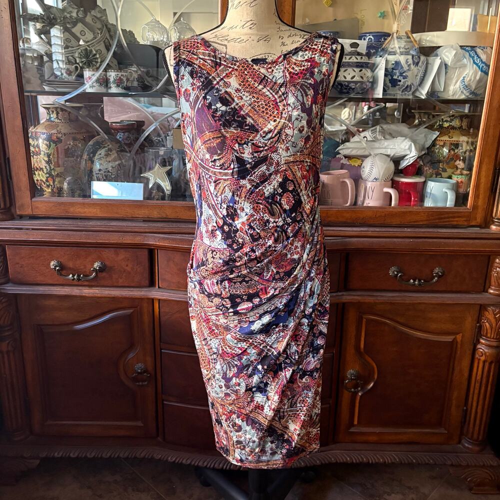 Peruvian Connection Dress Womens S Multicolor Paisley Faux Wrap Ruched Midi